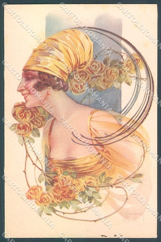 Artist Signed Malugani Lady Hat Flowers Rose serie 91-1 postcard HR3714 – fronte
