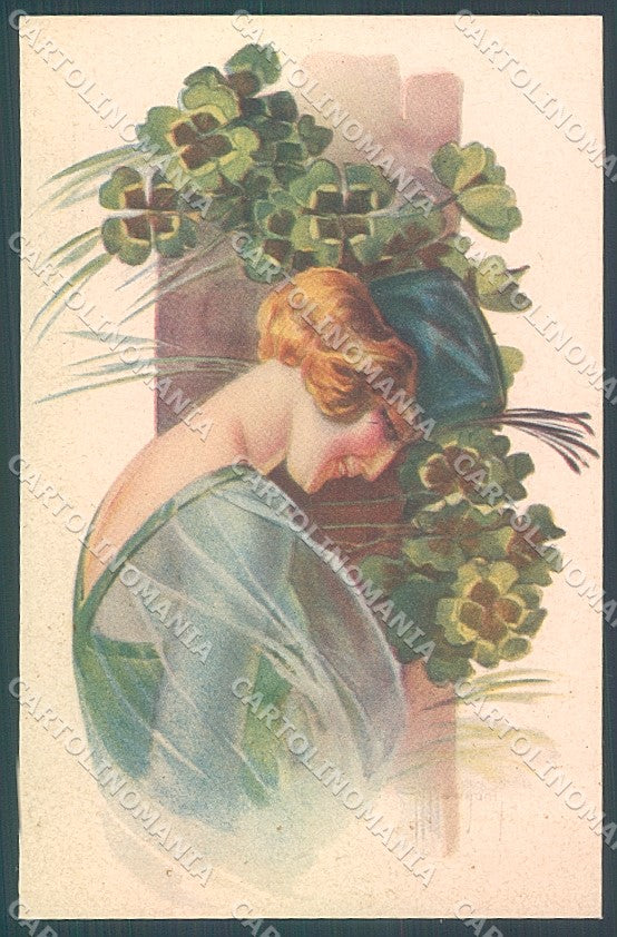 Artist Signed Malugani Lady Hat Four Leaf Clover serie 91-2 postcard HR3715 – fronte