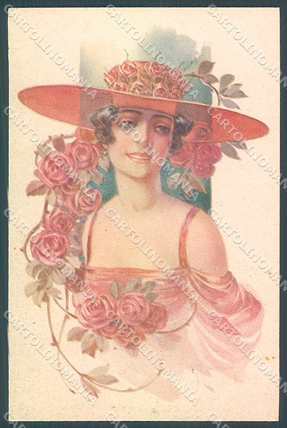 Artist Signed Malugani Lady Hat Flowers Rose serie 91-3 postcard HR3716 – fronte