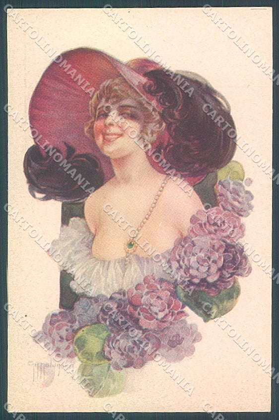 Artist Signed Malugani Lady Hat Flowers Jewel serie 91-4 postcard HR3717 – fronte