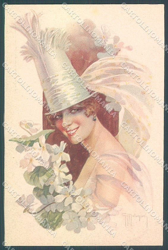 Artist Signed Malugani Lady Hat Flowers Jewel serie 91-6 postcard HR3719 – fronte
