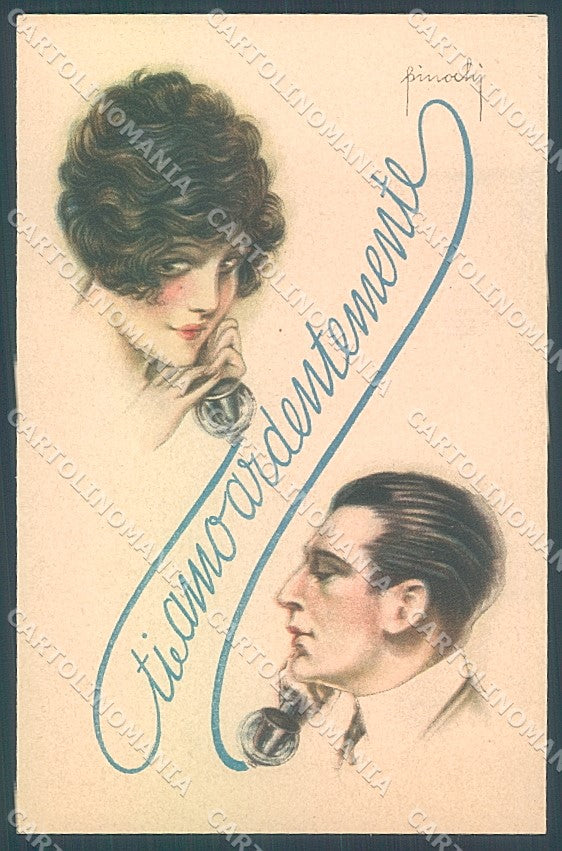 Artist Signed Pinochi Lady Man Phone serie 162 postcard HR3835 – fronte