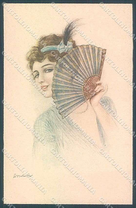 Artist Signed Melazzo Glamour Fashion Lady Fan serie 125 postcard HR3845 – fronte
