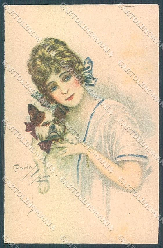 Artist Signed Fisher Charley Lady French Bulldog Dog serie 126 postcard HR3861 – fronte