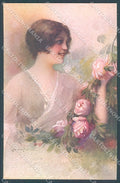 Artist Signed Monestier Glamour Fashion Lady Rose serie 7504 postcard HR3925 – fronte