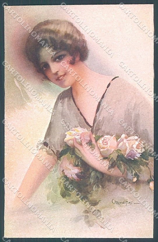 Artist Signed Monestier Glamour Fashion Lady Rose serie 7504 postcard HR3927 – fronte