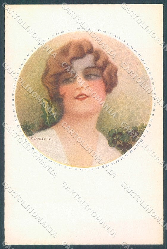 Artist Signed Monestier Lady Four Leaf Clover serie 880 postcard HR3941 – fronte