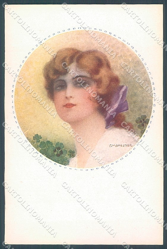 Artist Signed Monestier Lady Four Leaf Clover serie 880 postcard HR3942 – fronte