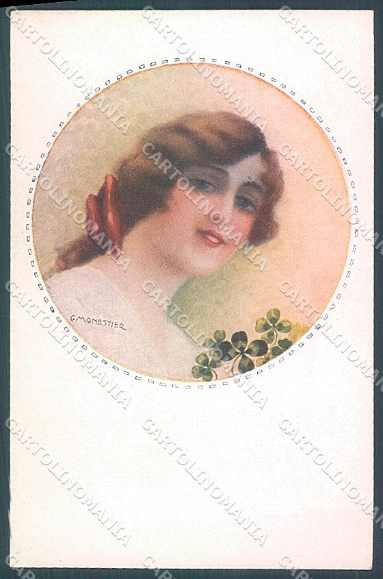 Artist Signed Monestier Lady Four Leaf Clover serie 880 postcard HR3944 – fronte