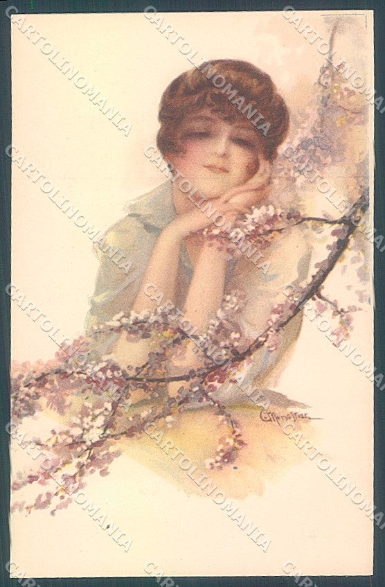 Artist Signed Monestier Lady Cherry Blossom serie 254-4 postcard HR3948 – fronte