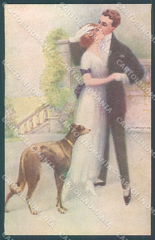 Artist Signed Monestier Lady Romantic Couple Greyhound Dog serie 882 pc HR3951 – fronte