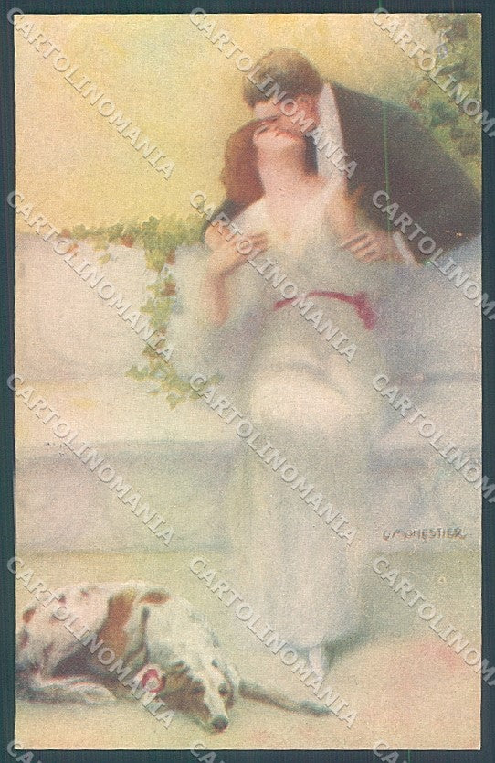 Artist Signed Monestier Lady Romantic Couple Borzoi Dog serie 882 pc HR3953 – fronte