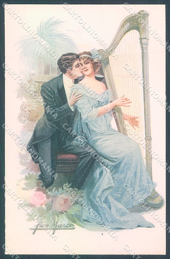 Artist Signed San Marco Lady Musical Instruments Harp serie 2056 postcard HR3999 – fronte