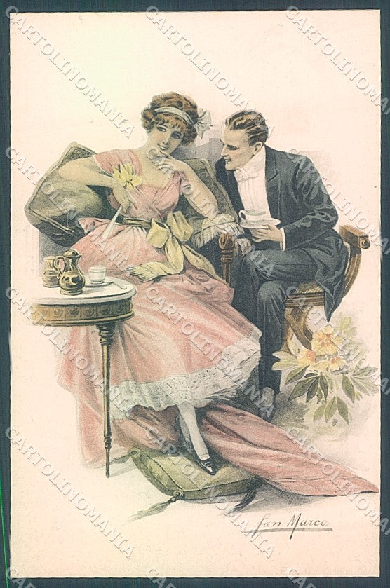 Artist Signed San Marco Lady Couple Cup of tea serie 2054 postcard HR4006 – fronte