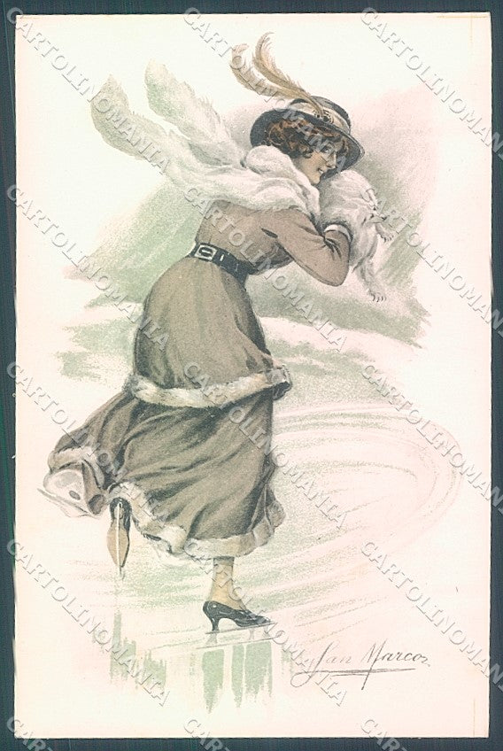 Artist Signed San Marco Lady Ice Skating serie 2083 postcard HR4019 – fronte