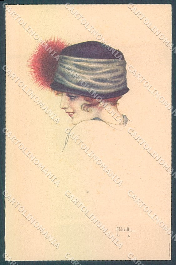 Artist Signed Miliotti Glamour Fashion Lady Hat serie 983-1 postcard HR4047 – fronte