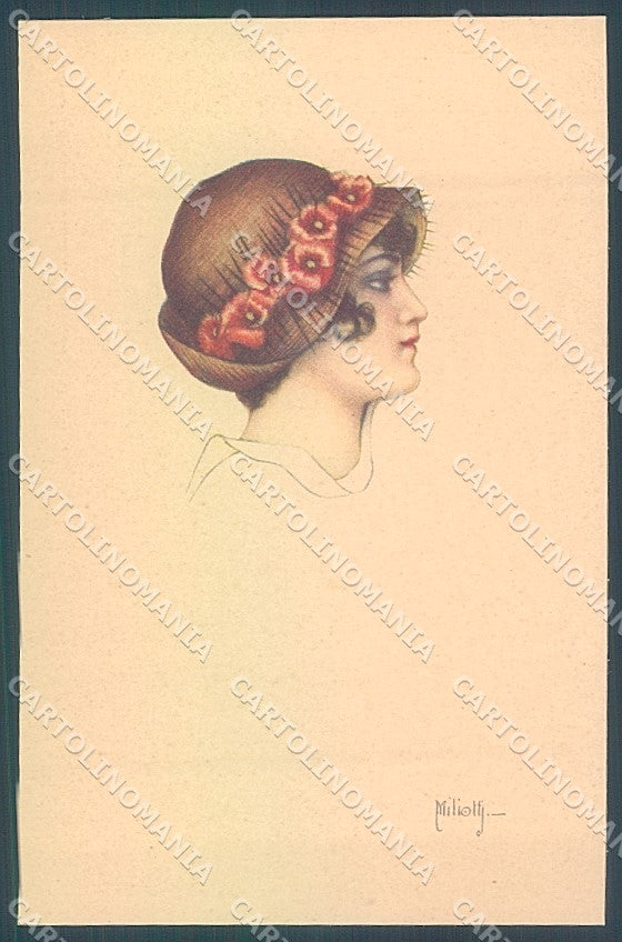 Artist Signed Miliotti Glamour Fashion Lady Hat serie 983-4 postcard HR4050 – fronte