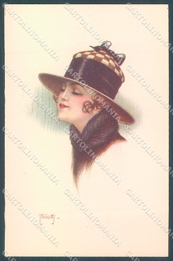 Artist Signed Miliotti Glamour Fashion Lady Hat serie 969-3 postcard HR4055 – fronte