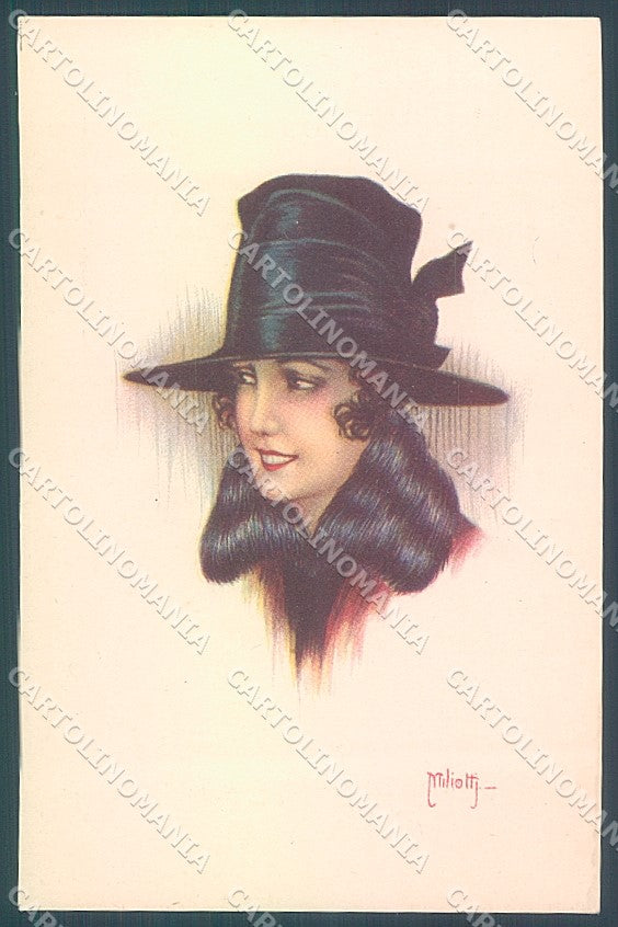 Artist Signed Miliotti Glamour Fashion Lady Hat serie 969-4 postcard HR4056 – fronte