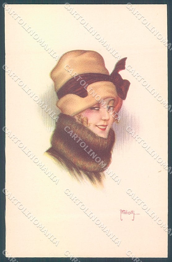 Artist Signed Miliotti Glamour Fashion Lady Hat serie 969-5 postcard HR4057 – fronte