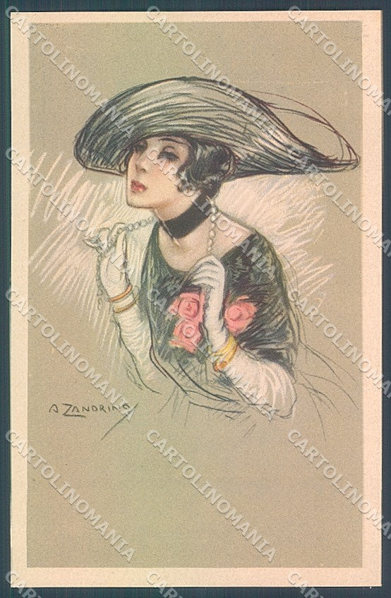 Artist Signed Zandrino Glamour Fashion Lady Hat serie 94-5 postcard HR4075 – fronte