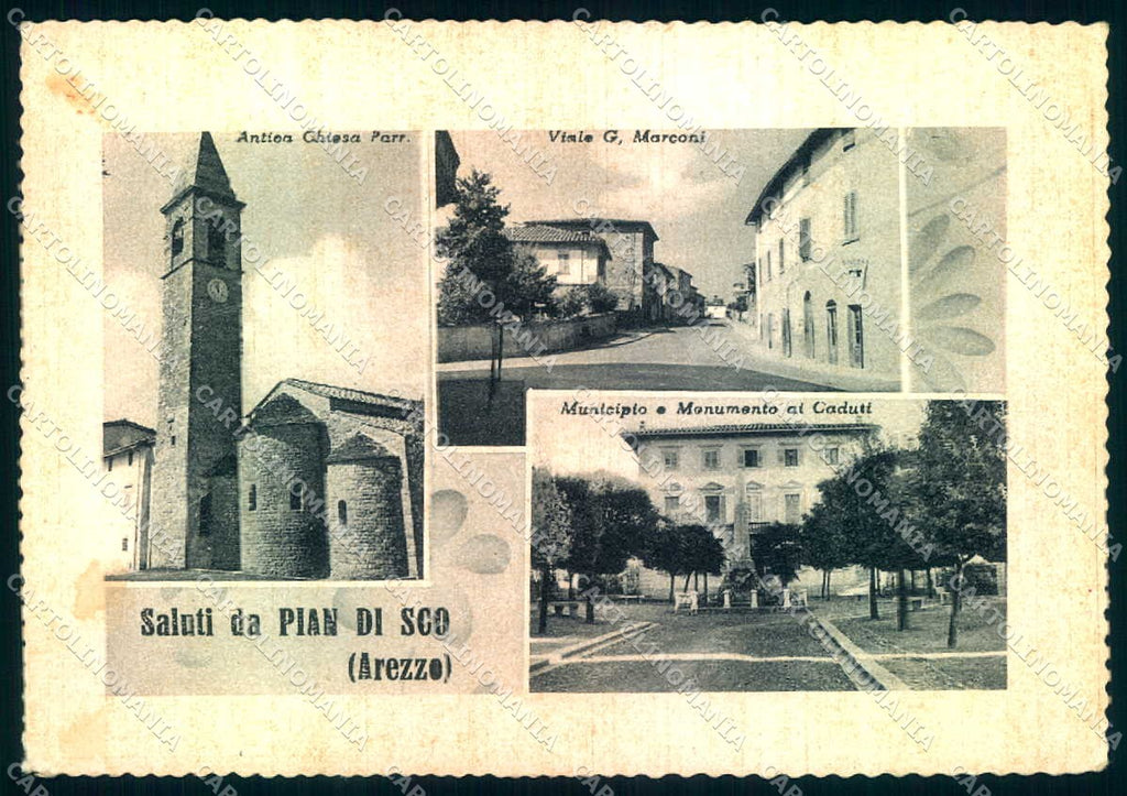 Arezzo Pian di Sco' Chiesa Parrocchiale Municipio saluti da FG cartolina JK0080 – fronte