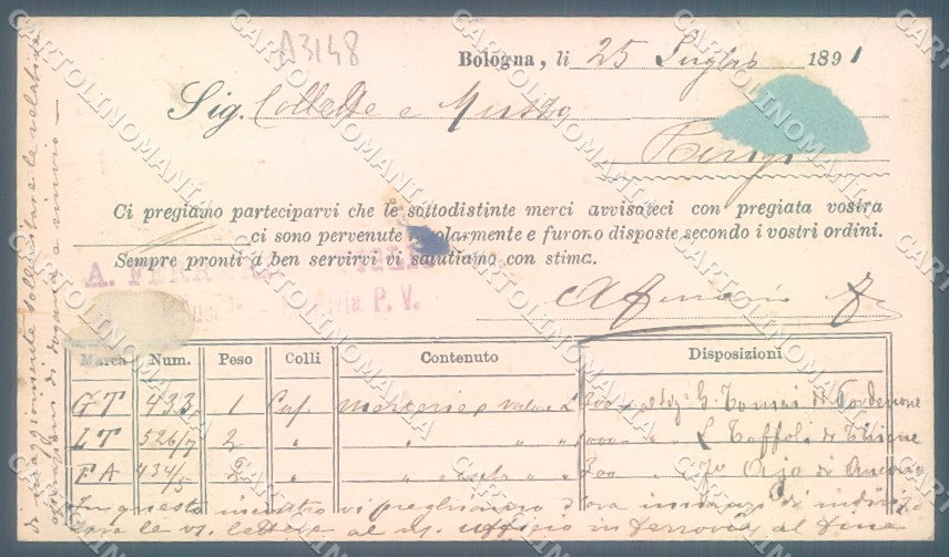 Bologna Città Ferrario commerciale del 1891 cartolina JK1154 – retro
