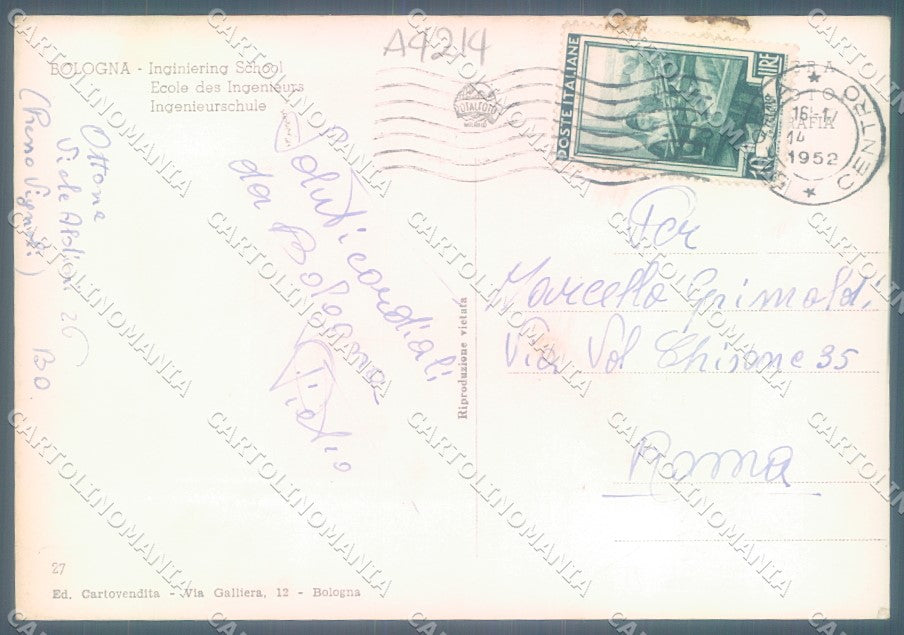 Bologna Città Scuola Ingegneria Foto FG cartolina JK1559 – retro