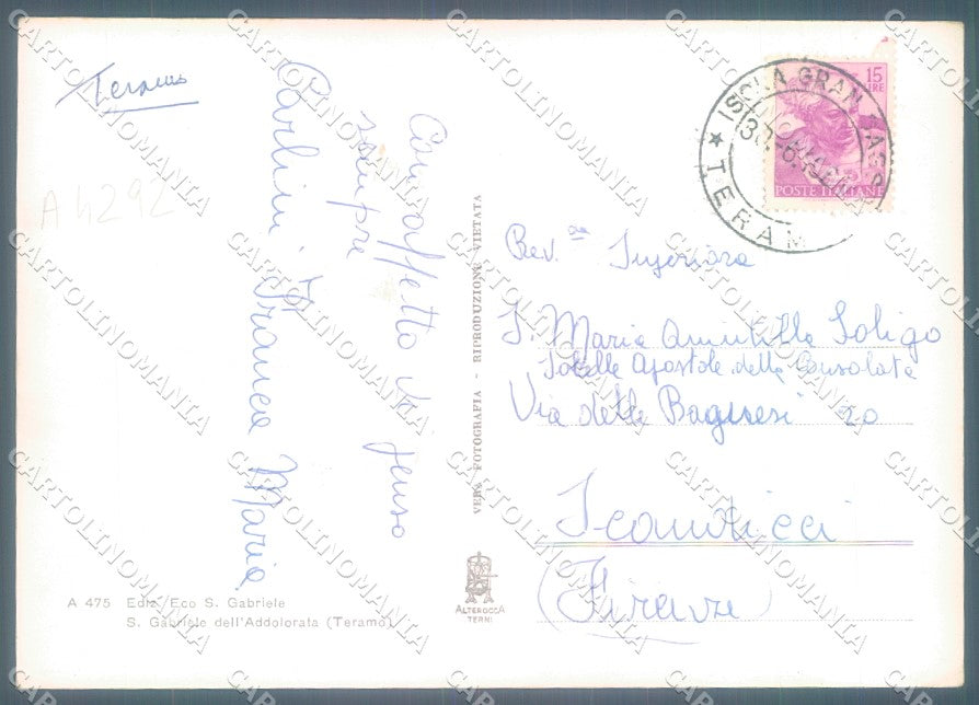 Teramo Città S. Gabriele Santuario Alterocca 475 Foto FG cartolina JK1585 – retro