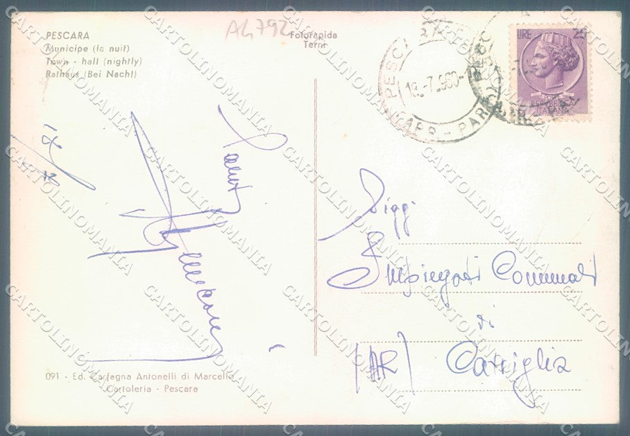 Pescara Città Municipio Notturno Foto FG cartolina JK1789 – retro