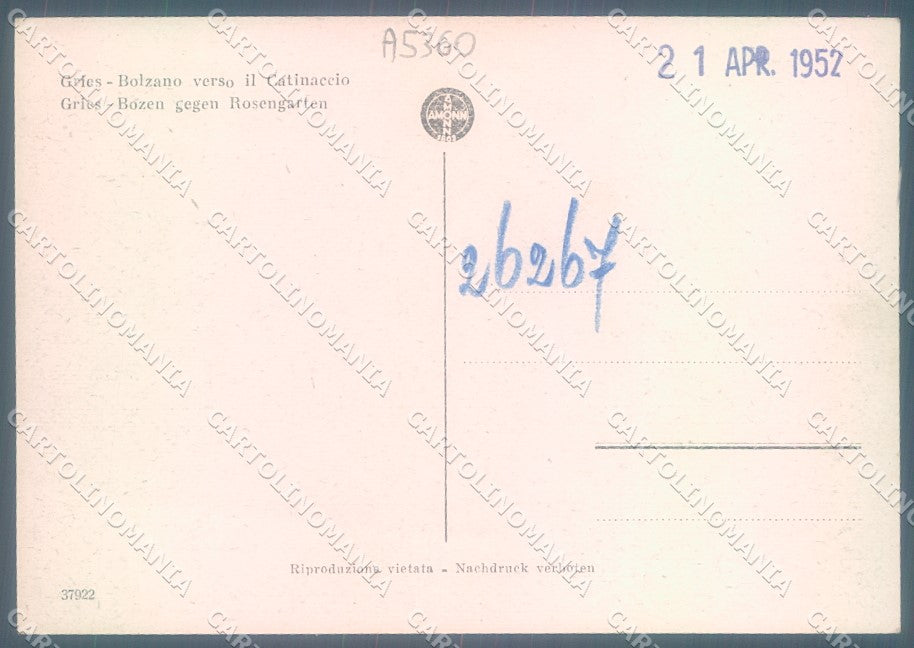 Bolzano Gries Amonn 37922 FG cartolina JK1955 – retro
