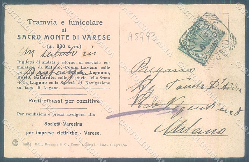 Varese Città Sacro Monte Brunner 3804 cartolina JK2140 – retro