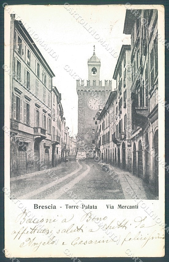 Brescia Città Torre Palata Via Mercanti PIEGATA cartolina JK2720 – fronte