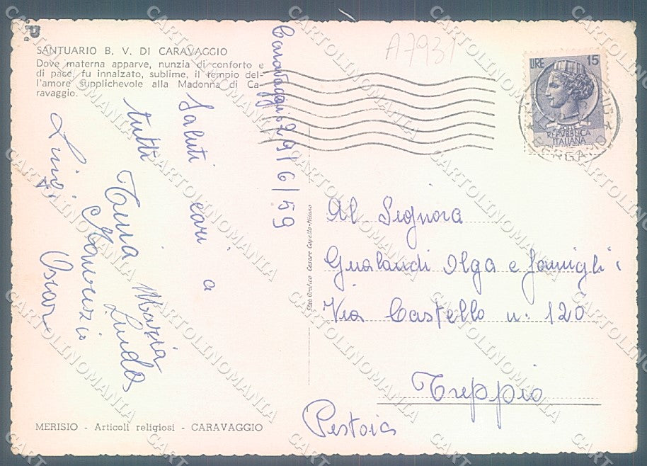 Bergamo Caravaggio Santuario Edelweiss saluti da FG cartolina JK2947 – retro