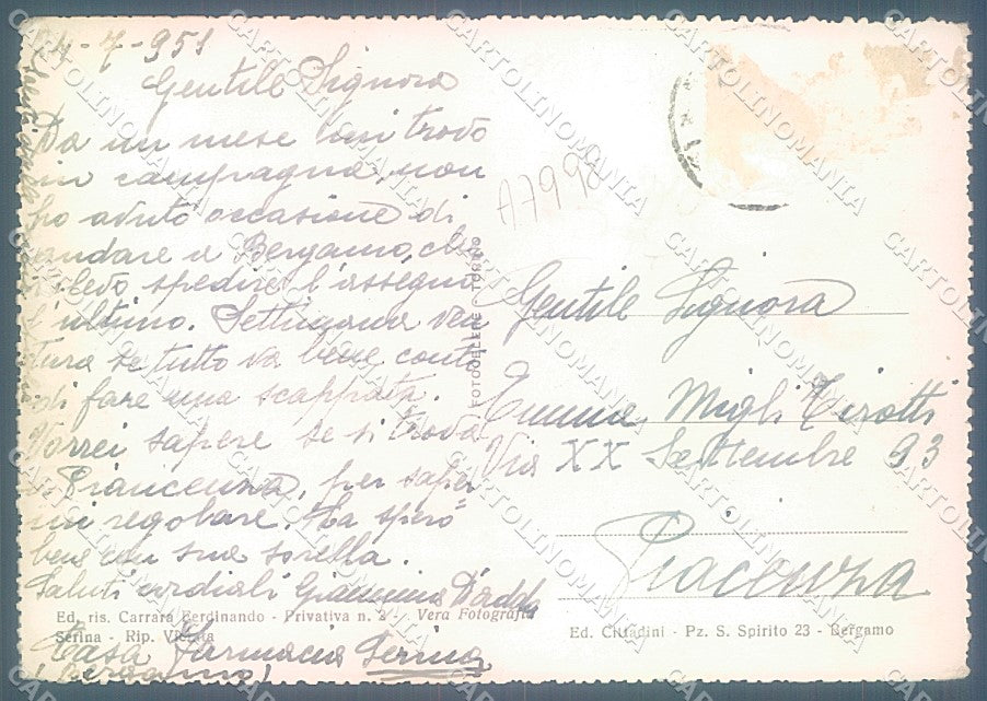 Bergamo Serina Foto FG cartolina JK2986 – retro