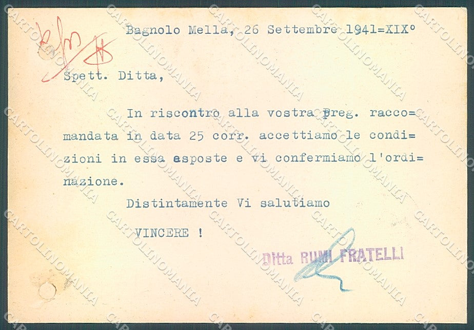 Brescia Bagnolo Mella Ditta F.lli Rumi commerciale FG cartolina JK3304 – fronte