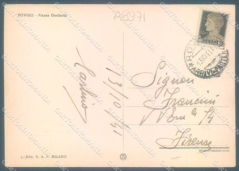 Rovigo Città Piazza Monumento Garibaldi FG cartolina JK3444 – retro