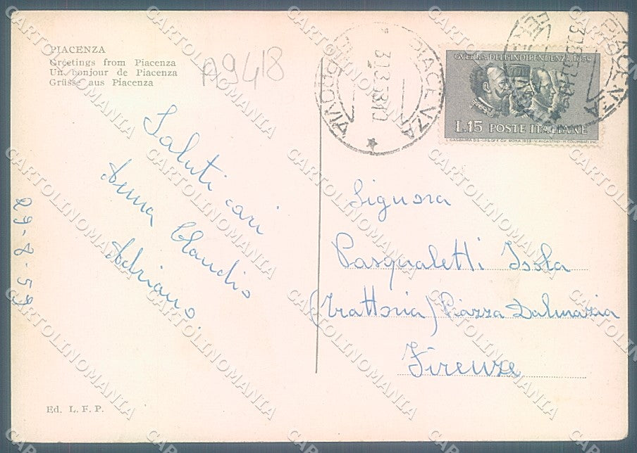 Piacenza Città Ponti sul Po Palazzo Gotico saluti da FG cartolina JK3644 – retro