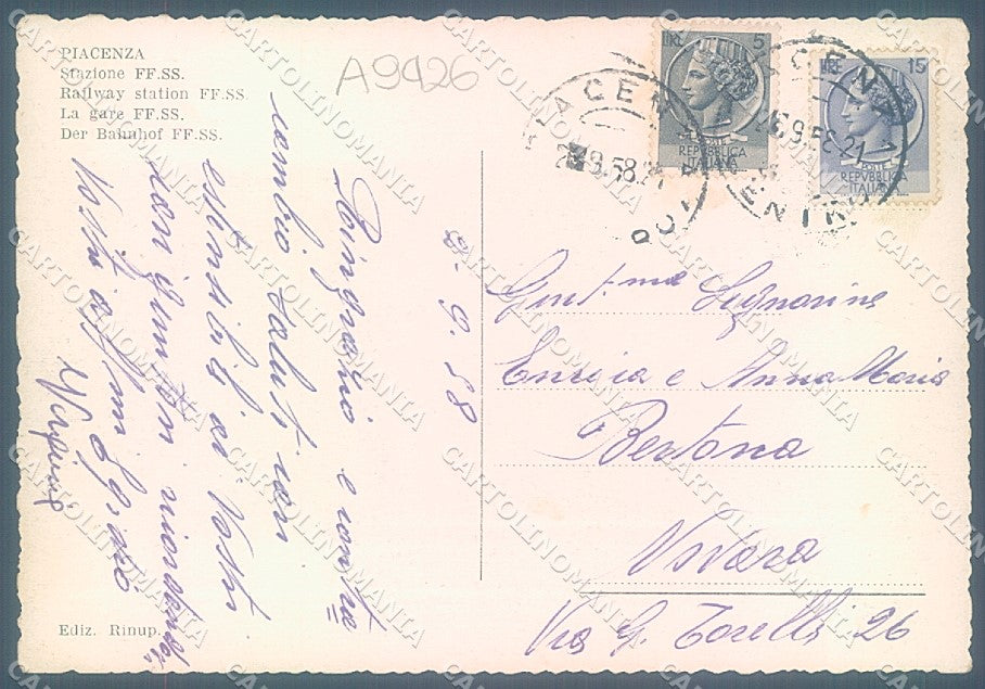 Piacenza Città Stazione Ferroviaria FG cartolina JK3649 – retro