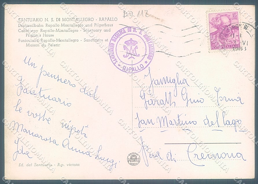 Genova Rapallo Funivia Santuario Casa del Pellegrino Foto FG cartolina JK3998 – retro