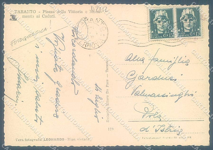 Taranto Città Piazza della Vittoria Monumento Caduti Foto FG cartolina JK4693 – retro