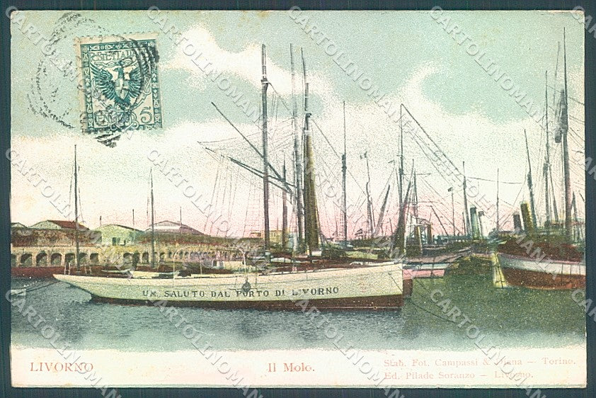 Livorno Città Molo Barche saluto da cartolina JK4888 – fronte