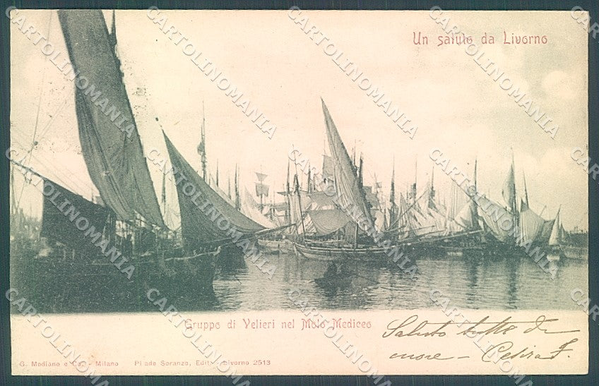 Livorno Città Velieri Molo Mediceo saluti da Modiano 2513 cartolina JK4891 – fronte