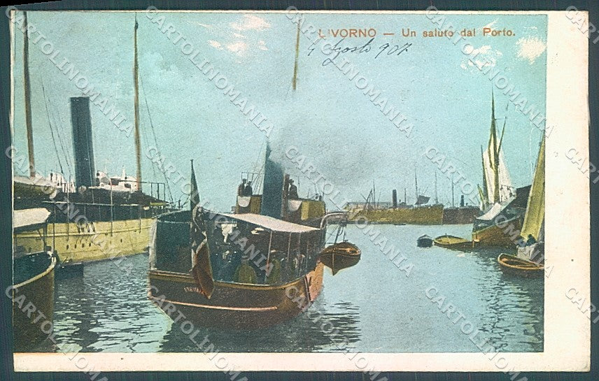 Livorno Città Battello Porto saluto da cartolina JK4897 – fronte