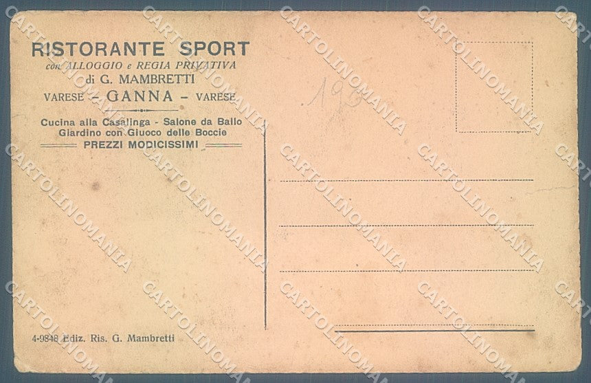 Varese Ganna Ristorante Sport cartolina JK5003 – retro