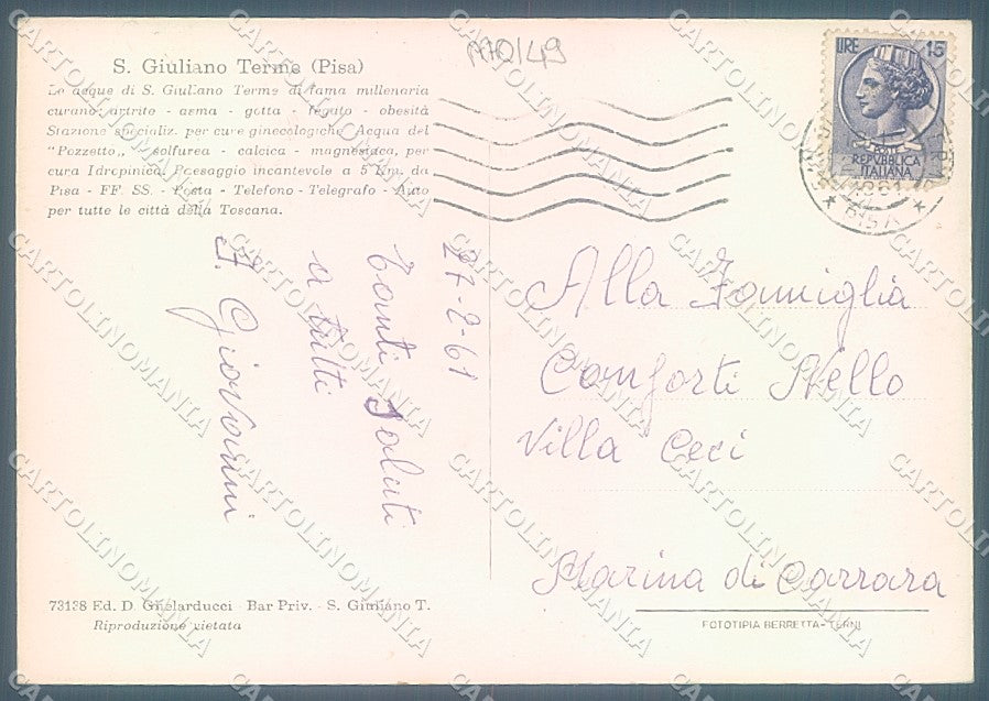 Pisa San Giuliano Terme Albergo saluti da Foto FG cartolina JK5235 – retro