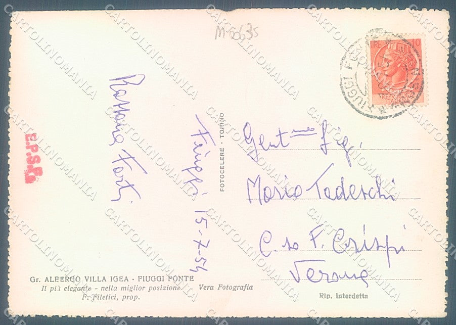 Frosinone Fiuggi Albergo Igea Foto FG cartolina JK5457 – retro
