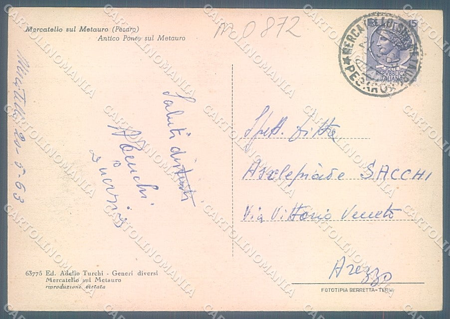 Pesaro Urbino Mercatello sul Metauro Ponte FG cartolina JK5567 – retro