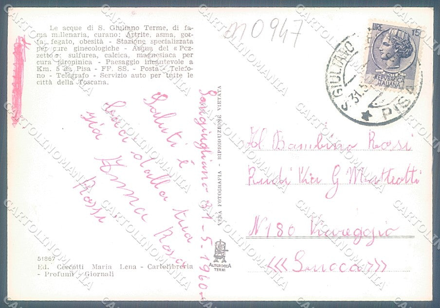 Pisa San Giuliano Terme Alterocca 51867 Foto FG cartolina JK5600 – retro