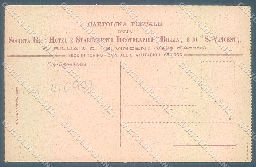 Aosta S. Vincent Hotel Billia Pubblicitaria Monte Rosa cartolina JK5609 – retro